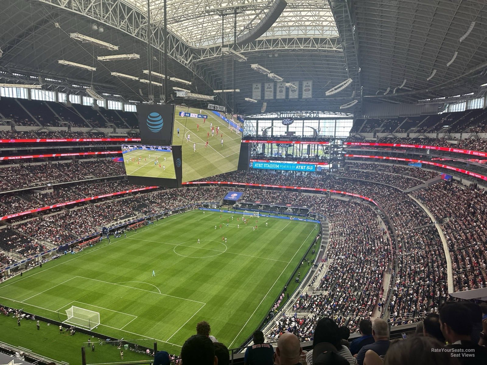 View of the full pitch at AT&T Stadium from Section 422 during a soccer match